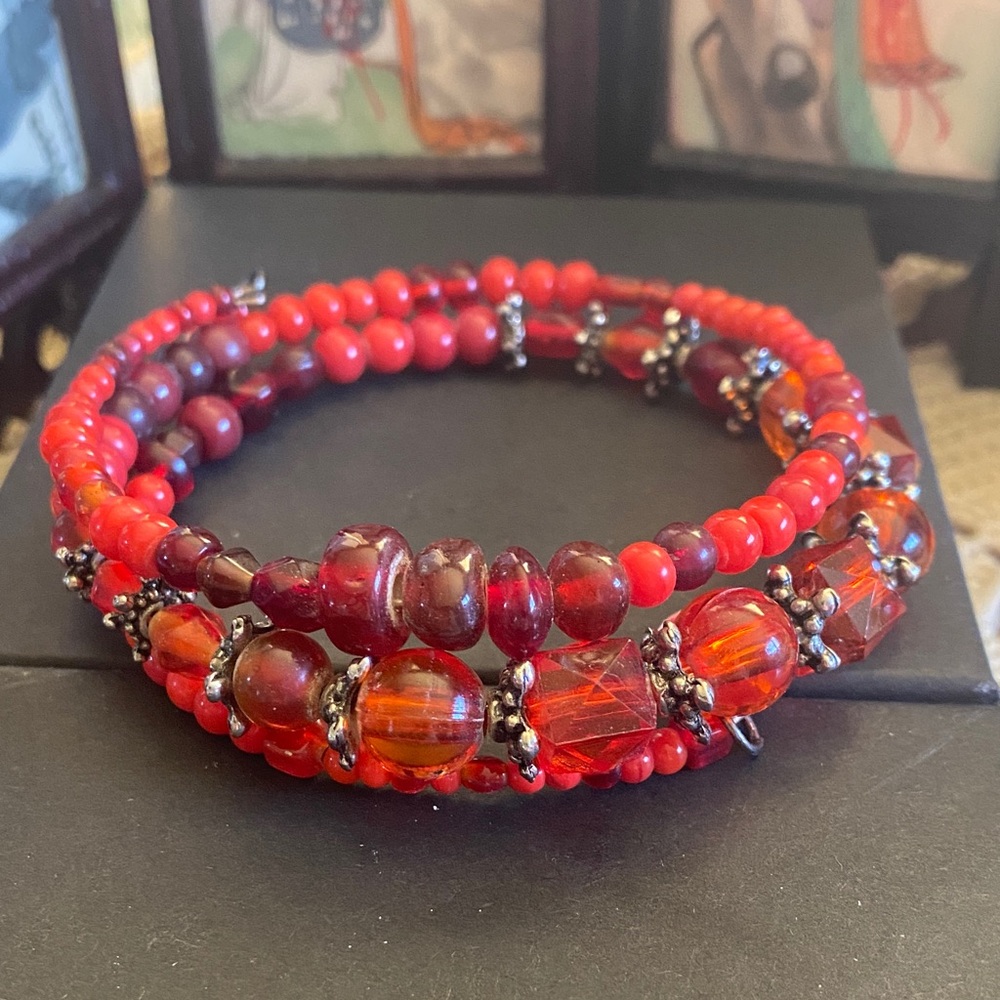 Elegant Red Glass Beaded Coil Bracelet